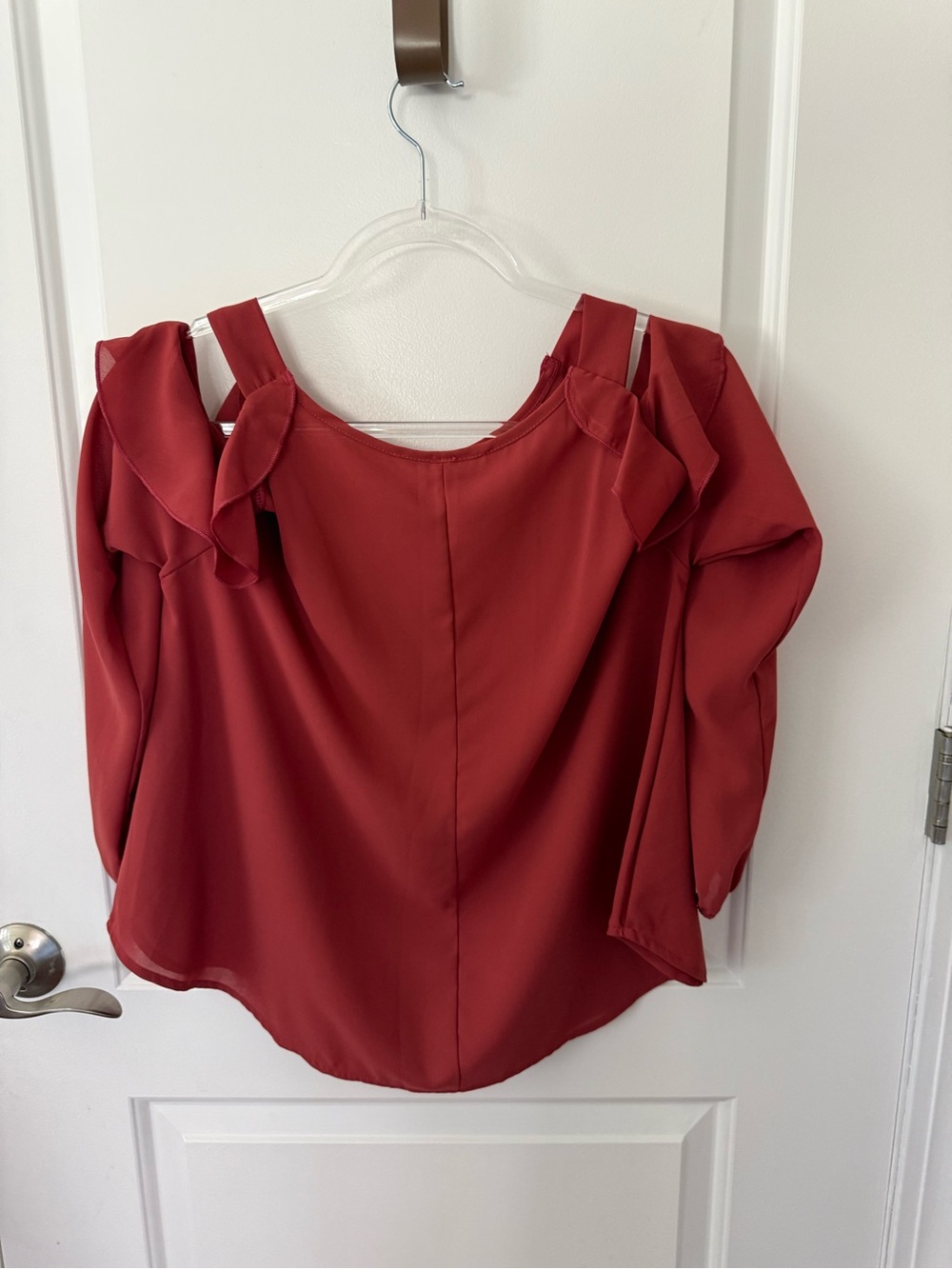 Peppermint Women’s Ruffle Cold-Shoulder Blouse - Rust Red